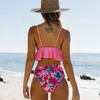 Miturn Pembe Baskılı Yüksek Bel İki Adet Bikini Set Tankini Mayo Kadın Kadın Beachwear Mayo Bather Mayo 210630