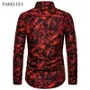 Red Printing Fashion Nightclub Party Sexy Design Shirts Men's Casual Slim Fit Trend Long Sleeve Shirt Men's Clothing 210524