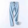 Vintage skinny fyra knappar hög midja penna jeans kvinnor smal passform stretch denim byxor full längd denim täta byxor 211112