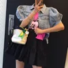 Korejpaa Frauen Sets Sommer Koreanische Chic Damen Retro Lose Kurze Puff Sleeve Denim Jacke Hohe Taille Kordelzug A-linie Rock 210526