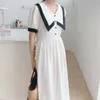 Été coréen élégant longue robe femmes à manches courtes col claudine robes plissées mode dames Vestidos Femme 210513