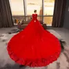 Elegant Luxury Modest Red Plus Size A Line Wedding Dress Bridal Gowns V Neck Long Sleeves Lace Applique Satin Chapel Train Formal Dresses robes vestidos de noiva