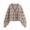 여성 복고풍 꽃 자수 니트 재킷 패션 V 넥 자카드 패턴 랜턴 슬리브 스웨터 카디건 봄 스타일 210521