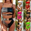 Biquíni brasileiro fundo de cintura alta fivela de metal bandagem oco out push up swimwear mulheres patchwork sling bandeau set 210604