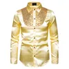 Ny ihålig europeisk storlek Mäns lyxig Sequin Glitter -skjortor Ny långärmad Silk Satin Shiny Disco Party Nightclub Shirt