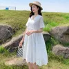 Fashion Korea Chic Style Cotton Summer Dress Women's Lace Hollow Out Embroidery Solid Color Female Vestido 210520