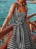 규제 2022 패션 스트라이프 인쇄 Sundress 여성 캐주얼 민소매 스트랩 Vestidos 우아한 레이스 업 KAFTAN 휴가 클럽 드레스 Y220214
