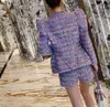 Tweed d'été pour femmes de haute qualité 2 pièces ensemble dames mince rayé mode frangé garniture veste + court 210525