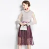 Luxury Design Runway Höst Bright Silk Stitching Beaded Top + Fashion Mesh Slim Skirt Two-Pite Suit 210520