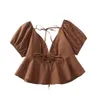 Brown Women Blouse Vintage Summer Shirt Deep V Neck Female Ruffle Top Lace-Up Backless Sexy Puff Sleeve s 210520