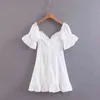 Vintage Floral Bordado Ruffle Dress Mulheres Elegante Vestidos Casuais Lace Up White Party Coreano Verão Praia Mini 210521