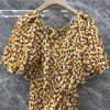 [DEAT] Summer Fashion V-neck High Waist Knee-length Short Sleeve Irregular Split Fork Printing Dress Women 13Q305 210527