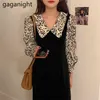 エレガントな女性ベルベットマキシドレス長袖パッチワークのファッションレディシックな韓国のドレスボディコンスリムレトロなvestidos 210601