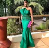 Vestido de noite de sereia de cetim verde com miçangas apliques 2021 longo strapless mulheres formal vestidos de baile vestido de celebridade