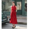 Retro Halter Sleeveless High Waist Red Dress Bandage Vest Dresses Women Plus Size Long Sleeve Female Solid Pleated Vestidos 210601