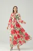 Women's Runway Dresses Lace Up Bow Collar Long Sleeves Floral Printed Elegant Maxi Dress Party Prom