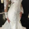 2021 Vestidos de noiva de sereia vintage vestidos de mangas compridas Lace Appliques vestidos de casamento frisados ​​Varredura Jewel Bidal Vestidos