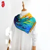 Oil painting boat real silk women scarves 90cm big square wrap spring summer bandana scarf hijab beach shawl luxury ladies gift