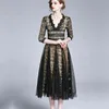 Высококачественные моды прилагаемые вышивки вышивки кружева MIDI летнее платье женщины с длинным рукавом женские платья Vestidos 210520