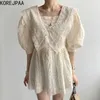 Korejpaa Women Dress Summer Korean Chic Western Style Retro Navy Collar Lace Crochet Design Loose Puff Sleeve Vestidos 210526