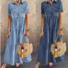 Vrouwen Zomer Herfst Denim Lange Jurken Retro Knop Zakken Jeans Maxi Jurk Dames Casual Vestidos X0521