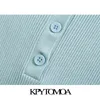 KPYTOMOA KVINNOR 2021 Fashion Cropped Stickad Monterad Sweater Vintage Lapel Collar Långärmad Kvinna Pullovers Chic Tops X0721