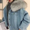 女性冬の厚いジャンジャケットフリースフード付きデニムコート女性ラムの毛皮の毛皮の詰まった暖かいoutwearのプラスサイズ210428