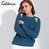 Tataria Sweater Female Knitwear Cold Shoulder For Women Tops Short Ladies Pullovers Spring Knitted Femme Casual 210514