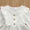 Wiosna Dzieci Baby Girl Sukienka Solidna Z Długim Rękawem Ruffles Bawełniana Pościel Party Dress Cute Guziki Casual Sukienka Dla Dziecka Dziewczyny 1-6y Q0716