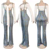 ZKYZWX Fall Two Piece Overalls Women Set Off Shoulder Bandage Tops Fashion Plaid Sling Bodycon Jumpsuit Night Club Outfits Suits Y0625