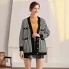 Casual Long Striked Pink Cardigan Kvinna Höst Vinter Drop Shoulder Sweater Coat Basic Button Women's Houndstooth Tops C-308 211215