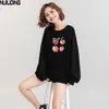 NIJIUIDNG Autumn Cotton Liner Loose Sweatshirts Ladies Casual Letter O-Neck Pullover Long Sleeve Hem Drawstring Tops Female 210514