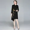 Fashion Designer Women Elegant Phoenix Embroidered Dress Black Retro Robe Female Bodycon Pencil Asymmetrical Dresses Vestidos 210525