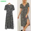 VUWWYV Retro Black Floral Dress Women Summer Elegant Party Midi Woman Short Sleeve Ladies es V-Neck Side Slit 210430