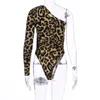 Omsj One Shoulder Långärmad Skinny Höst Kvinnor Rompar Basic Bodysuit Leopard Print Winter Jumpsuits Toppar 210517