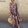 2021 Women Vintage Floal Printed Sundress ZANZEA Autumn 3/4 Sleeve Party Dress Plus Size Bohemian Vestido Robe Femme Dresses X0521
