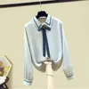 Women's Shirts Autumn Woman Turn Down Collar Bow Brooch Long Sleeves Shirt Tops Ladies Blouses A3823 210428