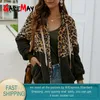 Leopard Faux Fur Coat Women Winter Warm Fleece Sweatshirt Zipper Hoodie OuterWear Splice Oversized Imitation Kvinna 210428