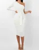 Mode élégante Sexy femmes blanc Cocktail fête Slim Fit robes une épaule ceinturée ruché conception moulante robe mi-longue Y1006