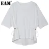 [EAM]女性ブラックビッグサイズ包帯プリーツTシャツラウンドネック3四半期スリーブファッションスプリングサマー1DD664801 21512