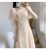 Llzacoosh Летнее бежевое блестящее сетчатое платье Vestidos дамы высоты талии квадратный воротник Flare рукав MIDI APPIVE Party платье 210514