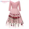 AELEGANTMIS Moda Vintage Floral Bordado Party Vestido Mulheres Sexy Elegante Swing Senhoras Manga Longa V-Neck Maxi 210607