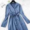 Knitted Dress Autumn Winter Vintage Long Sleeve V-neck Women Sweater Dresses Single-breasted Belt Casual Plus Size Dress 210521