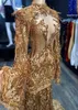 Gold Mermaid aftonklänningar med långa ärmar 2021 High Neck Feather Sexig rygglös glittrande paljetter Anpassad PLUS -storlek Prom Party Gown Vestidos 403 403