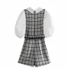 Kvinnor Mode med bälte Spliced ​​Tweed Playsuits Vintage Girls Puff Short Sleeve Back Zipper Jumpsuits 210430