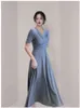 Kobiety Sukienka Elegancka V-Neck Lady Biuro Pracy Party Retro Wysoka Talia Lace Up Casual Midi Vestidos 210519