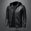 Kunstlederjacke für Herren, winddicht, schmal, große Lederjacke mit Kapuze, hochwertige, lässige schwarze PU-Jacke M-5XL