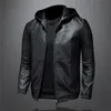 Chaqueta de cuero de imitación para hombre Chaqueta de cuero con capucha de gran tamaño delgada a prueba de viento Chaqueta de PU negra informal de alta calidad M-5XL