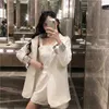 OL Temperament Fashion Long Sleeve White Blazer Jacket Lapel Coat Suits Sexy Strap Jumpsuits Rompers Playsuits Black Sets 210610