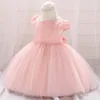 Roze Kant Jurk Pasgeboren Baby Meisjes Tule Party Jurken Kralen Bloemen Baljurk Zuigeling Doop Kleding 1 Jaar Verjaardag Kleding Toddler Kids Prom Dress